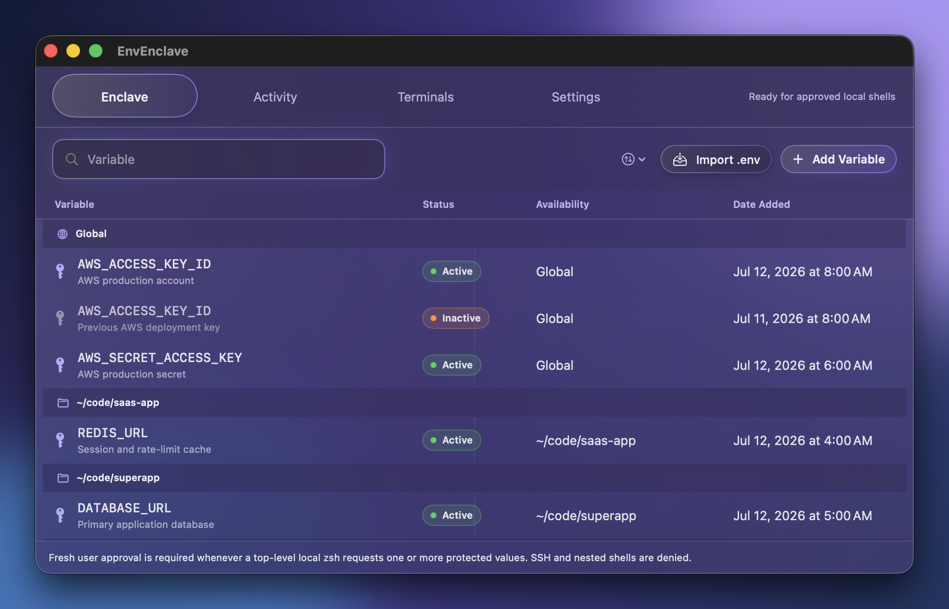 EnvEnclave showing global and exact-folder environment variables with their values hidden